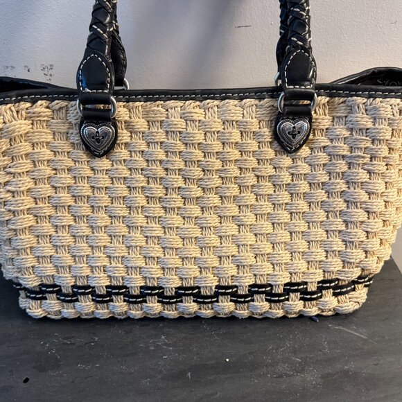 Brighton natural woven bag with black leather twisted handles. - Picture 12 of 15